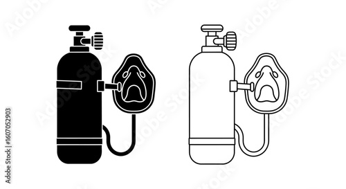 Oxygen tank with mask, medical emergency equipment, black and white icons.