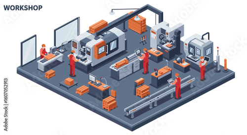 Modern industrial workshop with workers and advanced machinery in isom