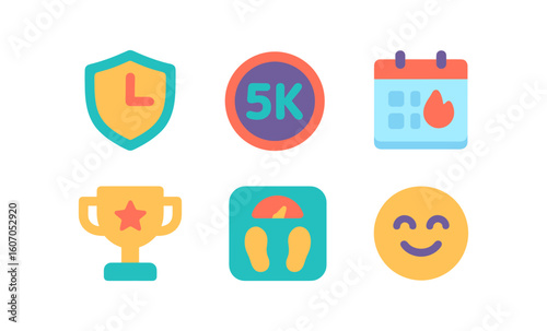 Colorful flat icons of fitness, achievement, and schedule concepts