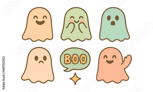 Cute pastel ghosts with various expressions and boo speech bubble