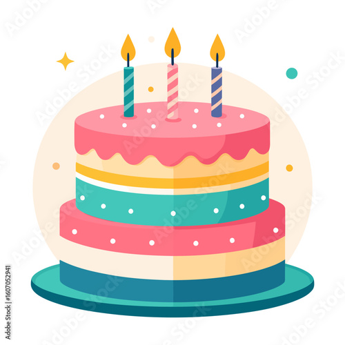 A colorful two-tiered birthday cake illustration with pink frosting, polka dots, and three lit candles.