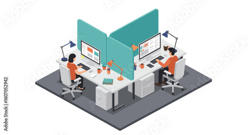 Modern office workspace design with employees at desks in isometric st