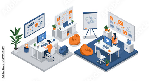 Team collaboration in modern office with remote workstations and digit