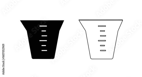 Two simple line art illustrations of a measuring cup, one filled, one empty.