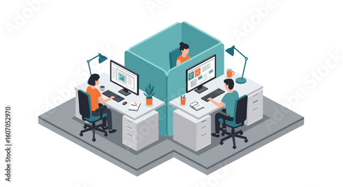 Collaborative office space in isometric design with professionals work