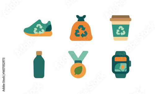 Eco-friendly icons set featuring recycling symbols on everyday products