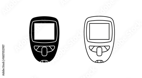 Two stylized illustrations of a blood glucose meter, one solid, one outlined.