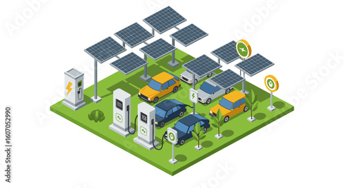 Isometric electric car charging station with solar panels and eco-frie