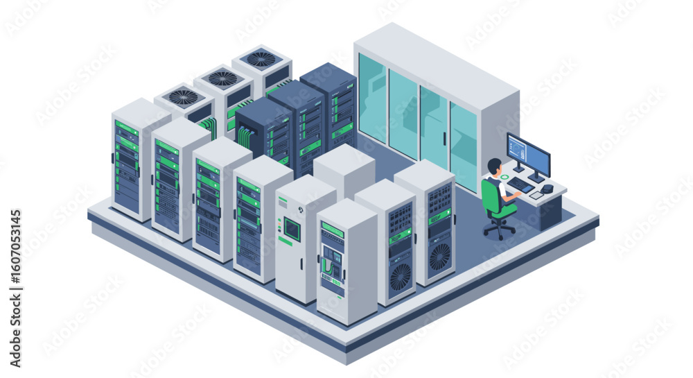 Fototapeta premium Isometric data center room with server racks and technician at worksta