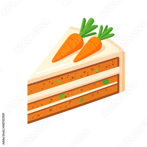 A delicious slice of layered carrot cake with cream cheese frosting, topped with two miniature carrot decorations.