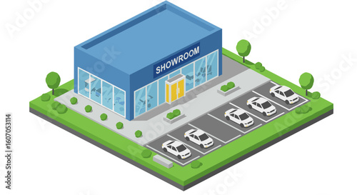 Modern car showroom with parking in isometric style featuring blue bui