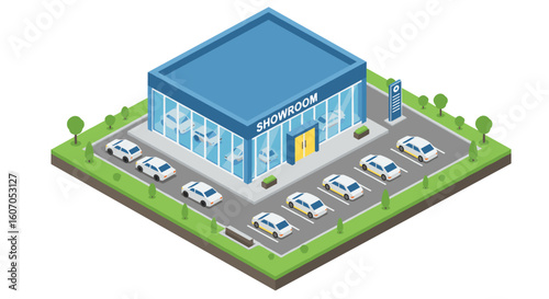 Isometric car showroom exterior with multiple cars and modern architec