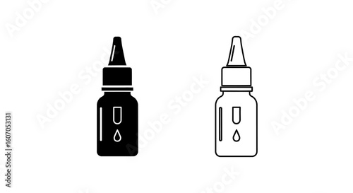 Two bottle illustrations, one solid black and one an outline, both with droppers and a drop symbol.