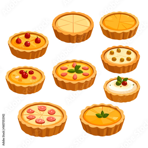A colorful collection of cartoon pies and tarts with various fruit, cream, and nut toppings.