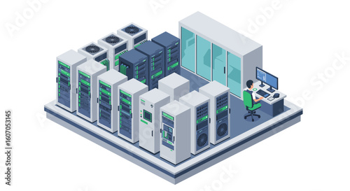 Isometric data center room with server racks and technician at worksta