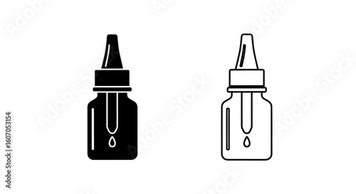 Two simple icons depicting a dropper bottle, one filled and one empty, showcasing a medical or cosmetic product.