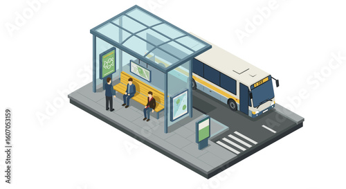 Modern isometric bus stop scene with commuters and waiting area