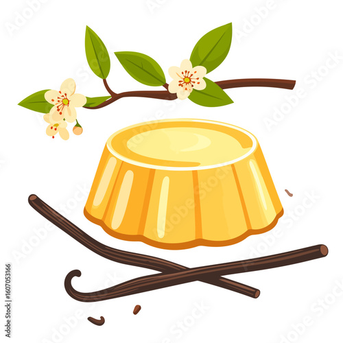 Illustrated composition of a creamy vanilla pudding, dark vanilla beans, and a branch with white vanilla blossoms.