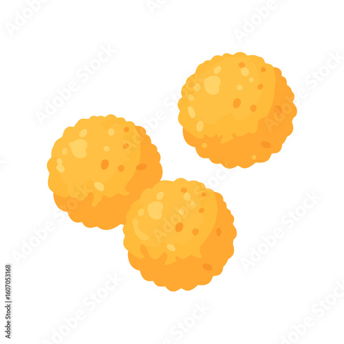 Three golden Boondi Laddu sweets, a traditional Indian dessert with a bumpy texture.