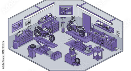 Isometric motorcycle workshop with bikes and tools in a garage setting