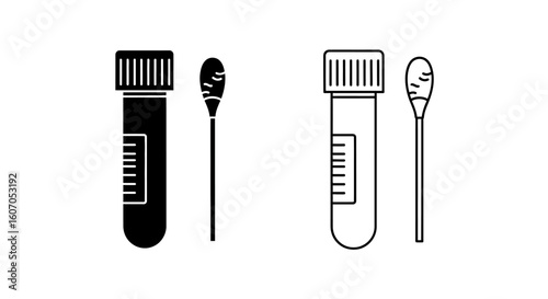Two sets of test tubes with swabs, one in solid black and one in outline form.