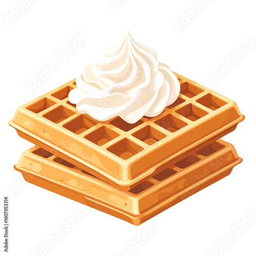 A delicious stack of two golden Belgian waffles topped with a swirl of whipped cream.