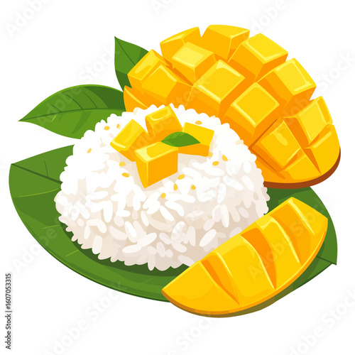 Vibrant illustration of Thai mango sticky rice with diced fruit, sesame seeds, and fresh green leaves.