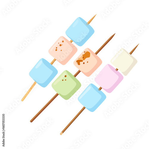 Three skewers of colorful, toasted, and plain pastel marshmallow cubes.