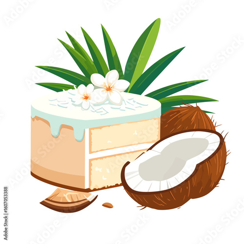 Tropical coconut layer cake with creamy frosting, garnished with shredded coconut, plumeria flowers, and fresh coconuts.