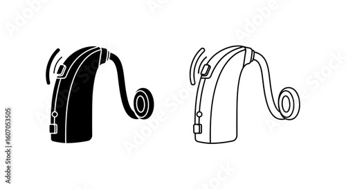 Two hearing aid icons, one in solid black and one in outline, showing the device's shape and components.