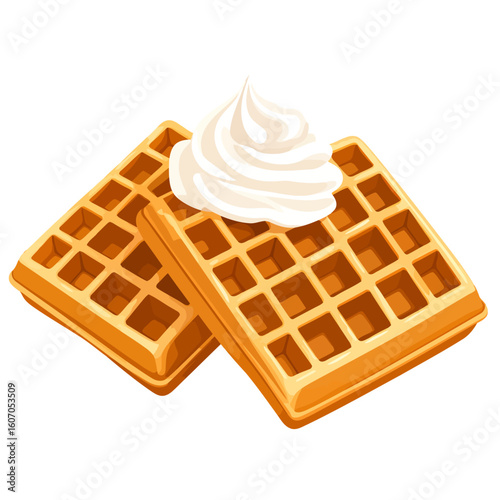 Two golden square Belgian waffles stacked with a dollop of swirled white whipped cream on top.