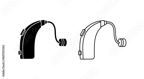 Two hearing aids are depicted: one is a solid black silhouette, the other is a line drawing.
