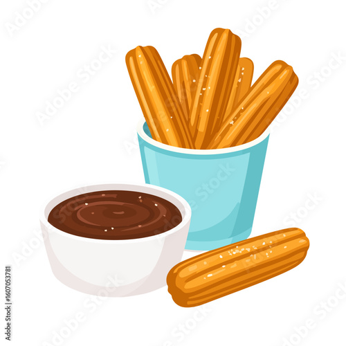 Golden fried churros with sugar in a blue cup, served with a bowl of rich chocolate dipping sauce.