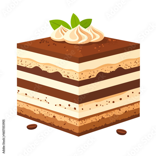 A square slice of layered tiramisu cake with whipped cream, cocoa powder, and mint.