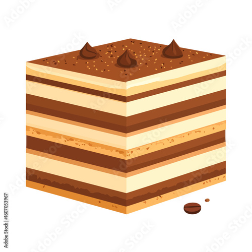 A square slice of layered tiramisu cake with cream dollops, cocoa dusting, and a coffee bean.