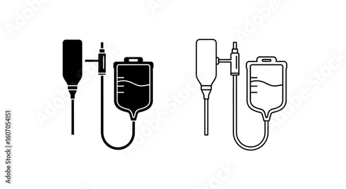 Two black and white medical IV drip bag illustrations, showing different line styles.