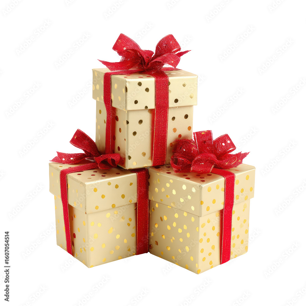 Obraz premium Stacked gold gift boxes with red ribbons