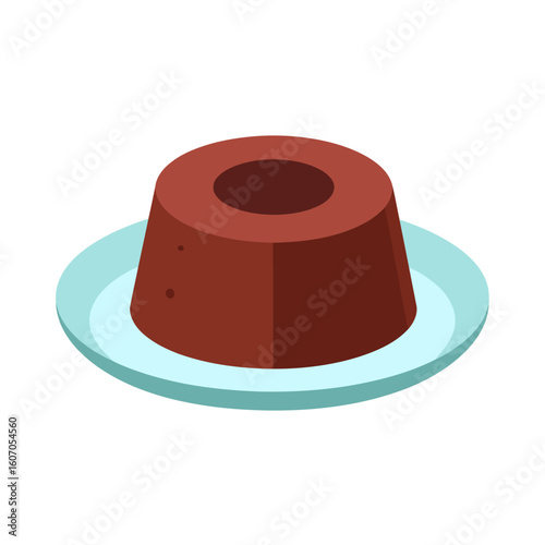 Isometric chocolate pudding, a rich brown flan-style dessert on a light blue plate.