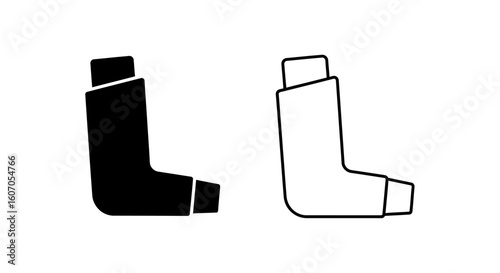 Asthma inhaler icons:  black filled and line art versions.