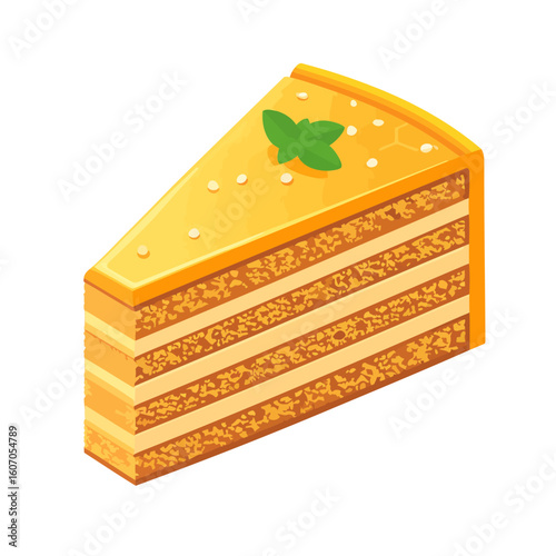 A delicious slice of multi-layered cake with yellow glaze, cream filling, and a mint leaf garnish.