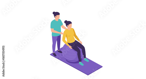 Isometric physical therapy: woman exercising with trainer on stability