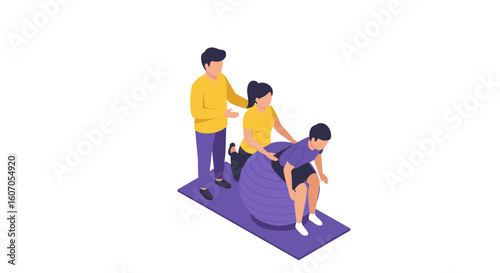 Isometric scene of a physical therapy session with exercise ball on a