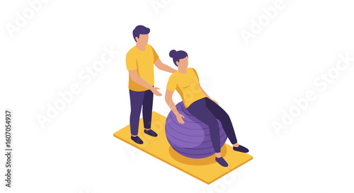 Isometric personal trainer assisting woman on exercise ball for fitnes
