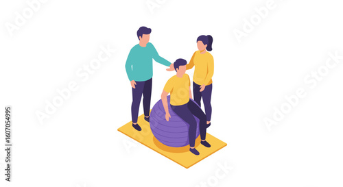 Isometric family therapy session with exercise ball on yellow mat