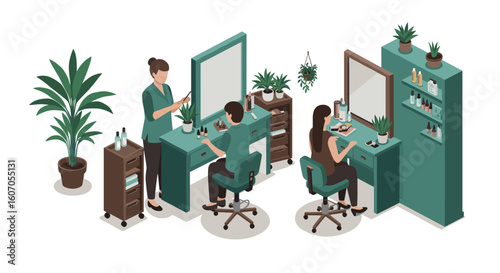 Isometric beauty salon scene with hairdressing and makeup stations