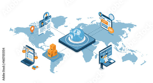 Global communication network concept with digital devices and world ma