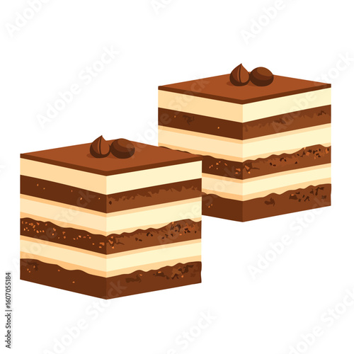 Two delicious square portions of layered tiramisu cake with coffee bean garnish.