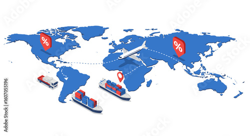 Global shipping routes with airplane and cargo ships on 3d world map h