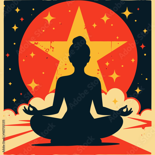 Silhouetted person meditating against a vibrant starry background  