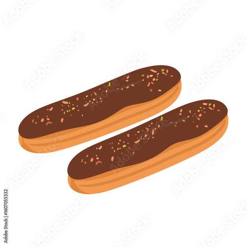Two classic chocolate eclairs with a shiny glaze and festive colorful sprinkles. Vector illustration.